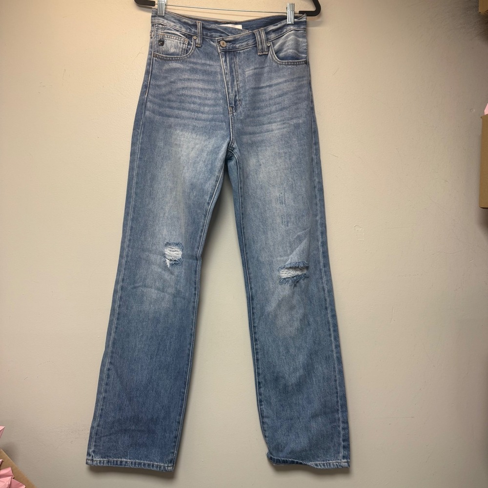 Kancan Straight Leg Jeans Womens 3/25 Blue Excellent Distressed Crossover Fly